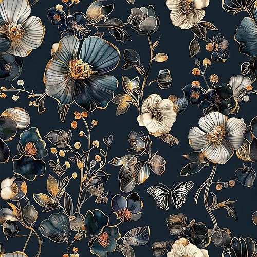 Livelynine Carta da Parati Adesiva Muro Floreale Blu Oro Pellicola Adesiva per Mobili Fantasia Blu Scuro con Fiori Farfalle Foglie Carta Parati Adesivi Muro Fiori Camera da Letto Soggiorno 44.5CMx2M - Honorern