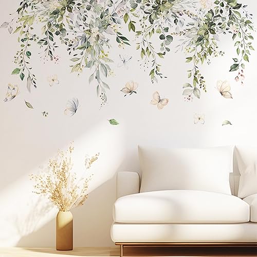 Adesivi Murali Pianta, Adesivo da Parete Foglie Verde Farfalle Fiori, Decalcomanie da Muro di Piante, Vite Appesa Decorazione Murale per Camera da Letto Soggiorno - Honorern