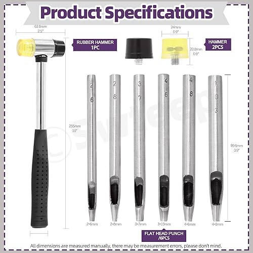 Set di 6 punch cavi in pelle, 2 – 10 mm, in pelle, ovale, foro e martello morbido a doppia faccia, punzonatura e martello in gomma, con 2 pezzi, testa di ricambio per cuoio Crafting - Honorern