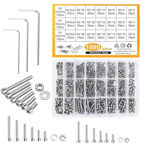 Viti Cilindriche Con Esagono Incassato - Set 1080 Pezzi M2 M3 M4 Bulloni e Dadi a Testa Esagonale Bussola - Chiavi a Brugola Incluse - Honorern