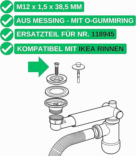 Bullone a strappo per valvola superiore, M12 x 1,5 x 38,5 mm, 2 pezzi, compatibile con il set di scarico IKEA RINNEN, ricambio per l'articolo 118945, in ottone, filettatura fine - Honorern