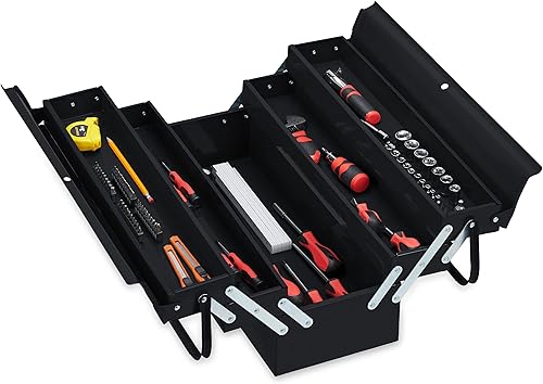 Relaxdays Cassetta Porta Attrezzi Vuota, 5 Scomparti, con Manici, in Metallo, Richiudibile, HLP: 21 x 53 x 20 cm, Nero - Honorern