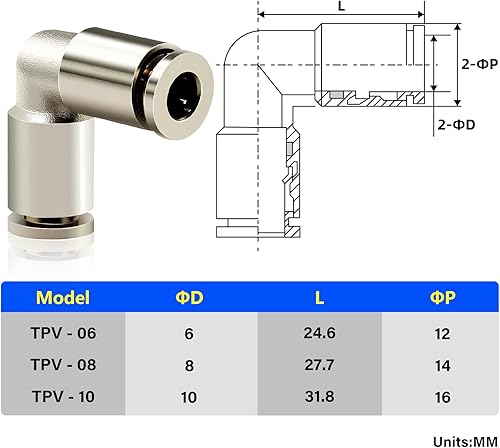Rame nichelato 6mm od Raccordi a pressione Raccordi a gomito per tubi Raccordi a pressione Raccordi a tubo Push Lock PV-6 (Confezione da 2) - Honorern