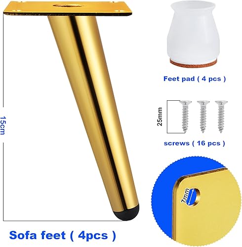 4 Pezzi Piedini per Mobili 15 cm, Oro Gambe di Mobili Coniche Piedi per Divano in Metallo Piedi in Ferro per Tavolino Gambe per Divano Tavolino Armadi, Capacità di Carico 300 kg - Honorern