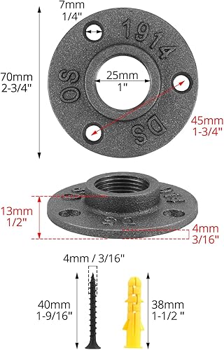 Confezione da 10 flange filettate 3/4'' BSP a 3 fori, flange di collegamento in ghisa malleabile, per bricolage, stile vintage con viti - Honorern