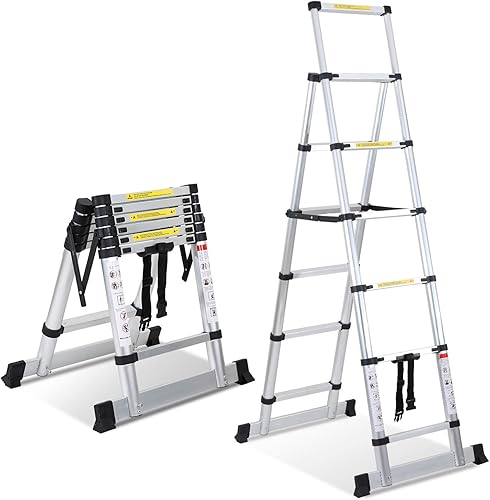 3,8 m (1,9 m + 1,9 m), scala telescopica ad A, in alluminio, con stabilizzatore, scala portatile, portata massima 150 kg, per interni ed esterni - Honorern