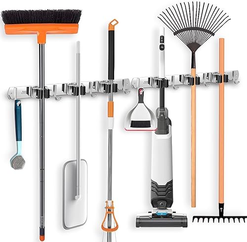 Portascopa e Portaspazzole Da Muro, Portascope da Muro Appendi in Acciaio Inossidabile con 3 Posti e 4 Ganci, Supporto Parete Autoadesivo per Scopa e Porta Utensili per Giardino, Garage - Honorern