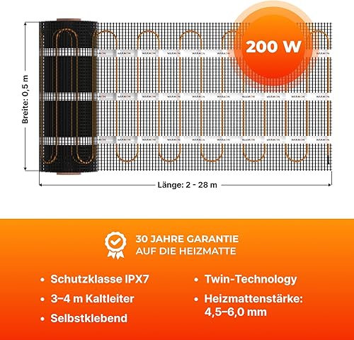 Riscaldamento a pavimento elettrico per piastrelle: tappetino riscaldante a due ruote Warmon Ultra 200 W/m² con termostato serie TS 100, termostato: TS100 WiFi bianco, dimensioni tappetino: 4,5 m² - Honorern