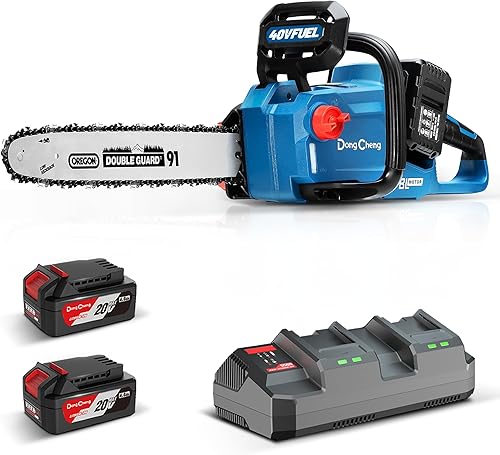 DongCheng, motosega a batteria da 40 V, batteria da 38 cm, motore senza spazzole 14 m/s, velocità di taglio, motosega elettrica con batteria da 2 x 4,0 Ah e caricatore - Honorern