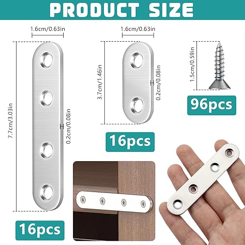 XSHAO® 32 pezzi connettori piatti in acciaio inox, piastra di collegamento forata con 96 viti per armadio, tavolo, sedia, legno e mobili (2 dimensioni) - Honorern