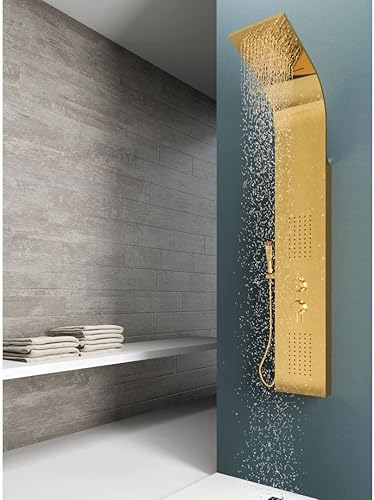 Pannello Doccia a Colonna Gold Acciaio Oro Lucido Opaco 4 Funzioni Con Cascata Doccetta Miscelatore Acqua Calda Fredda - Honorern
