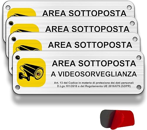 Cartello Videosorvegliata Alluminio Spazzolato 15x5cm, Adesivo Area Videosorvegliata Metallo di Piccole Dimensioni, piastra di allarme con adesivi (01-ASAV (15x5cm) x 4) - Honorern