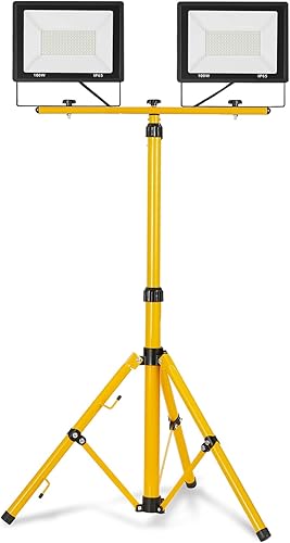 Faretto LED da costruzione, 2 x 100 W, con treppiede, doppio faretto bianco freddo, con cavo 3 m, luce da lavoro, impermeabile, IP66, per garage, giardino, cantieri - Honorern