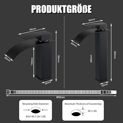 Rubinetto per bagno nero, a cascata, miscelatore monocomando per lavabo, rettangolare, per bagno con acqua calda e fredda (nero alto) - Honorern