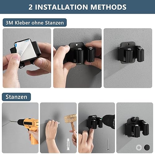 6 supporti per scopa da parete, con vite, in acciaio inox ad alte prestazioni, mocio e porta scopa, per la pulizia della biancheria, bagno, cucina, garage (nero) - Honorern