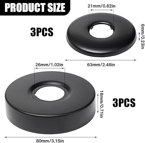 6 Pezzi Rosette Rubinetto Nero Ø21 mm/25 mm Rosetta Copritubo Doccia Acciaio Inox Copri Tubi Termosifoni Rosetta Copritubo Muro per Rubinetti Doccia, Rubinetti, Valvola Angolare(63x6, 80x18) - Honorern