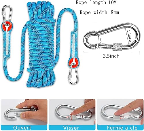 10M Corda per Arrampicata su Roccia, Corda OutdoorCorda con 2 Moschettone, Multifunzionale in Nylon per attività All'aperto e in Campeggio Fire Rescue Paracadute Corda,Diametro 8 mm - Honorern