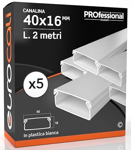 Canalina Passacavi 40x16 mm in plastica bianca con coperchio Lunghezza 2 metri - Pacco da 5 Canaline (10m) - Honorern