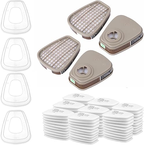 6001 - Set di filtri per respiratori, filtri contro vapori organici, 4 filtri, 4 tappi di copertura per artigiani, fai da te, 80 filtri in cotone, per maschera antipolvere viso - Honorern