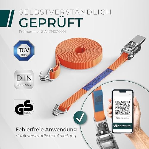 Cinghia di tensione CargoVA® con cricchetto e gancio, set da 4, 25 mm x 6 m di lunghezza, carico di rottura 800 kg, cinghia con cricchetto arancione - Honorern