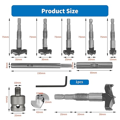 Punta per Trapano Forstner,set di frese per legno, 15-35 mm,punte per trapano con gambo rotondo, punta di centraggio, per legno e legno duro, con punte legno da 35 mm, 30 mm, 25 mm, 20 mm, 15 mm - Honorern