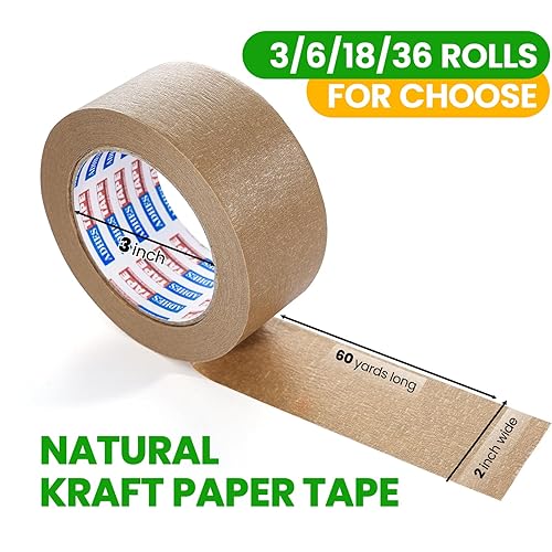 ADHES Kraftpapier-Band, 2 Inch x 60 Yards x 18 Rollen, biologisch abbaubares Papier-Verpackungsband beschreibbar, unbeschichtetes braunes Verschiffenband für das Verschiffen, Bewegen, Versiegeln... - Honorern