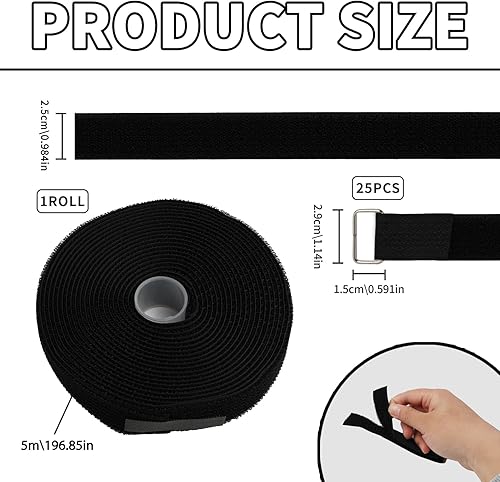 Fascette Fermacavi Riutilizzabili da 5m x 2.5cm con 25 Fibbie, Lunghezza di Taglio Libera Fascetta Cavi, Fascette a Strappo per Gestione Cavi, Organizzatore Cavi Multifunzione, Nero - Honorern