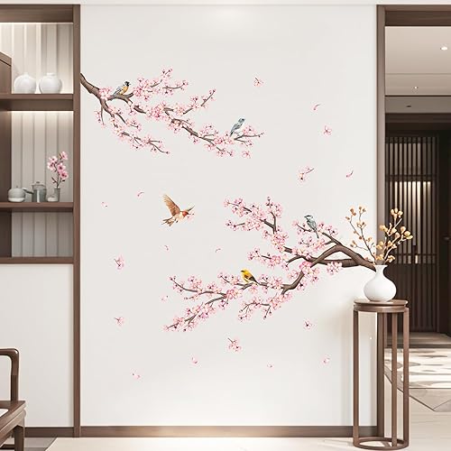 Adesivi Murali Ramo di fiori rosa Adesivi da Parete Fiori di ciliegio Uccelli Adesivo Muro Decorativo per Soggiorno Camera Letto Corridoio Divano TV Sfondo Muro - Honorern