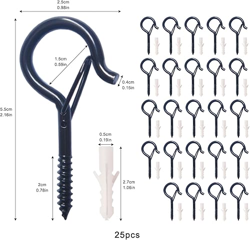 25 Pezzi Ganci Q-Hanger con Fibbia di Sicurezza, Ganci a Vite Nero, Ganci Avvitabili, Ganci a Soffitto a Vite in Metallo per Appendere Piante, Campanelle, Catene Luminose Decorazioni - Honorern