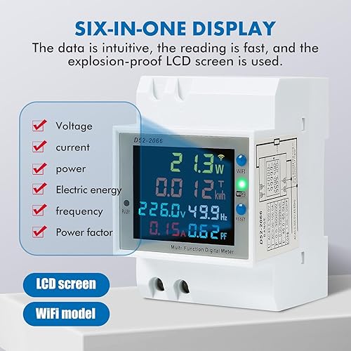 Contatore Energia Elettrica WiFi,6 in 1 Contatore Energia Elettrica Monofase AC 40-300V 100A Misuratore di Consumo Elettrica Wifi Wattmetro Voltmetro Amperometro su Guida DIN con Display LCD - Honorern