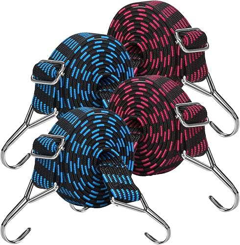 Set Da 4 Extra Forti Elastico Tenditori, Corde Elastiche con Gancio, 100cm Corde Elastiche con Gancio Regolabile, Corda Elastica per Teloni, Campeggio, Portapacchi, Auto, Bici - Honorern