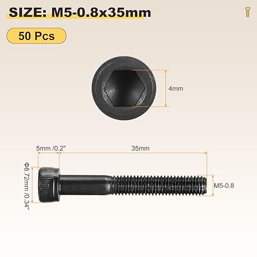 Viti a Testa Cilindrica Brugola Esagono (M5-0.8x35mm) 50pz, Acciaio al Carbonio Esagono Incassato Filettatura Parziale - Grado Macchina 12.9 Viti Cilindriche UNC, Nero - Honorern
