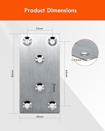 10 staffe piatte per legno, 80 × 40 × 1,75 mm, staffe di giunzione piatte, resistenti, piastre di rammendo in acciaio inox per connettore, staffe metalliche per fissaggio in legno - Honorern