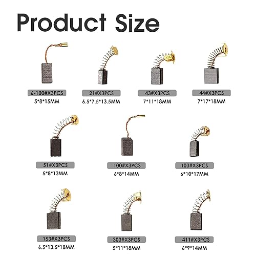 Carboncini Motore Elettrico, Set da 30 Carboni Spazzola di Carbone Standard per Motore Elettrico Generico, 10 Misure - 3 Pezzi per Ciascuna Misura - Honorern