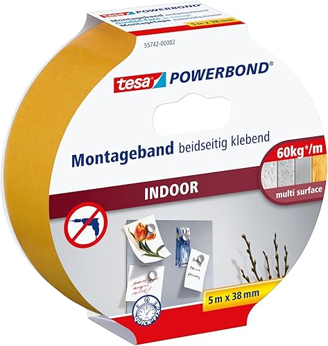 tesa Powerbond INDOOR - Nastro di montaggio biadesivo per interni - adesivo forte su entrambi i lati, per un montaggio permanente - 5 m - Honorern