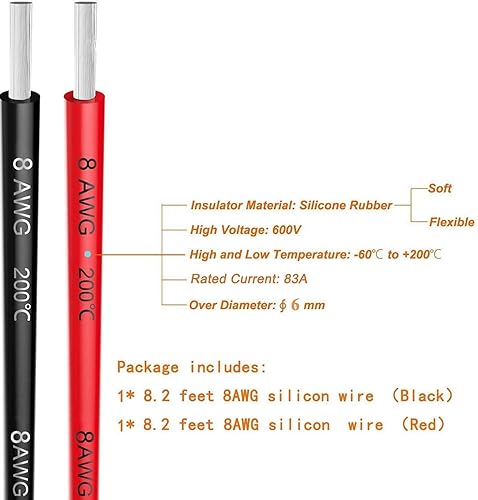 Filo in silicone 8 gauge 8 AWG 8,37 mm cavo elettrico 6 m, 3 m nero e 3 m rosso, flessibile, 1650 fili in rame stagnato ad alta temperatura 0,08 mm per auto telecomandate, marine, droni - Honorern