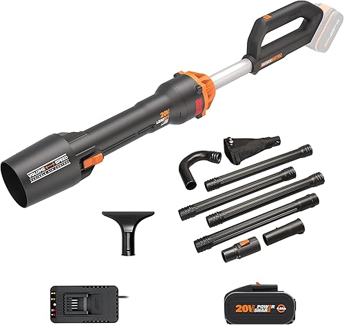 WORX Nitro WG543E.1 - Soffiatore professionale a batteria, 20 V, motore brushless 2.0, max. 209 km/h, 2 livelli di velocità, con batteria PowerShare da 4,0 Ah, caricatore e kit per grondaie GUTTERPRO - Honorern