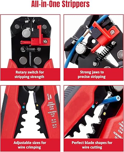 Spelafili Elettricista, Pinza Crimpatrice Automatica, 3 in 1 Tronchese Autoregolante, Pinza Capicorda per Tagliare, Spelare 10-22 AWG con Interruttore Rotante Regolabile per Elettricisti - Honorern