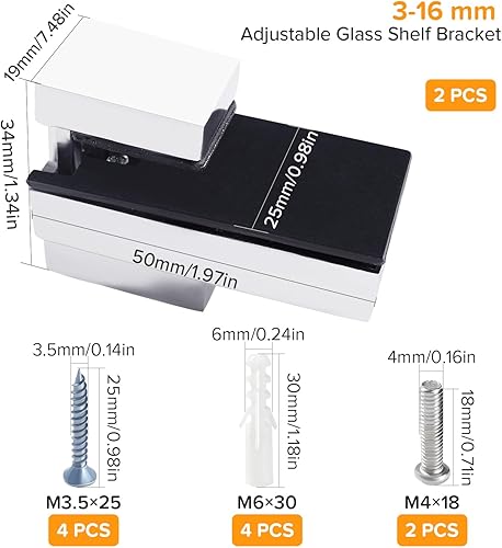 2 Pezzi 5-18 mm Clip di Supporto Vetro Regolabili, Lega di Zinco Staffe per Ripiani in Vetro, Supporto Mensola Vetro, per Pannelli in Vetro e Legno con Spessore, Spazzolato Argento - Honorern