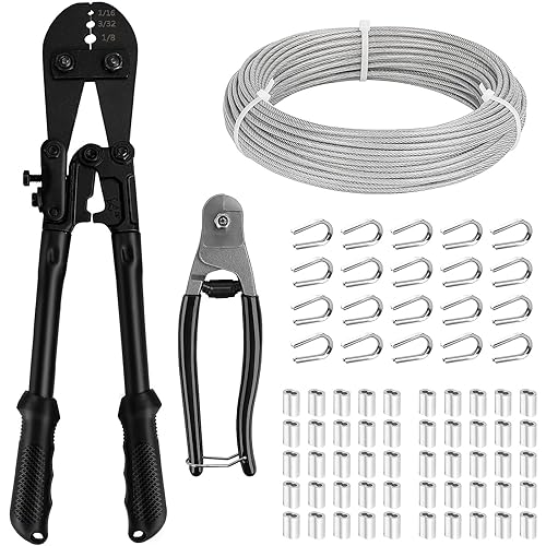 TooTaci Kit di crimpatura per funi metalliche, con cavo in acciaio inossidabile da 30,5 m da 1/8', tagliafili, manicotto ad anello e ditali per funi metalliche, kit per appendere corde di luci - Honorern