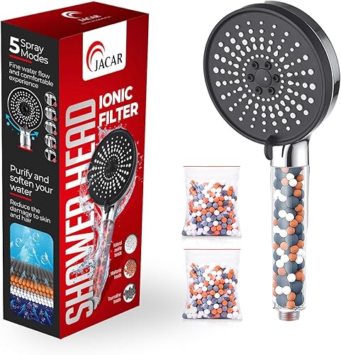 Soffione Doccia Anticalcare Risparmio Idrico 7,5 L/min - 5 Tipi di Getto Spray - Filtro Doccino con Pietre Minerali - Alta Pressione (NERO) - Honorern