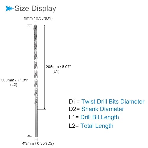 Punte da Trapano Elicoidali Acciaio ad Alta Velocità 6542 Extra Lunghe, Diametro 9mm Lunghezza 300mm, Punta Trapano Dritta Twist Jobber Ossido Nero per Metallo Plastica Alluminio - Honorern