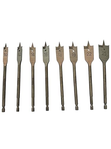 Set di Punte Trapano Legno - Set di 8 Mecchie per la Lavorazione, Acciaio al Carbonio Trattato Termicamente Punte per Trapano Piatte per Legno - 10-25 mm Punta da trapano piatta per legno, - Honorern