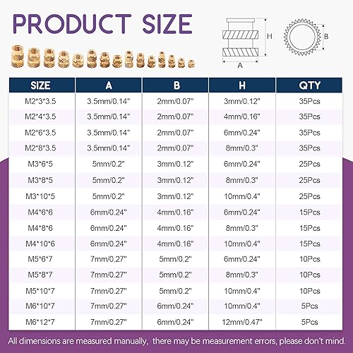 Swpeet,Set di 300 dadi zigrinati in ottone con inserto filettato in ottone, M2, M3, M4, M5, M6, filettatura femmina M6, saldati, kit di stampaggio ad iniezione perfetto per stampa 3D - Honorern