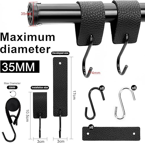 Set da 6 Ganci a S con Rivestimento in Pelle Anticaduta - Ganci per Appendiabiti Multifunzionali in Acciaio Inox (Nero/Argento) per Cucina, Bagno, Camera - Ideali Come Ganci da Campeggio - Honorern