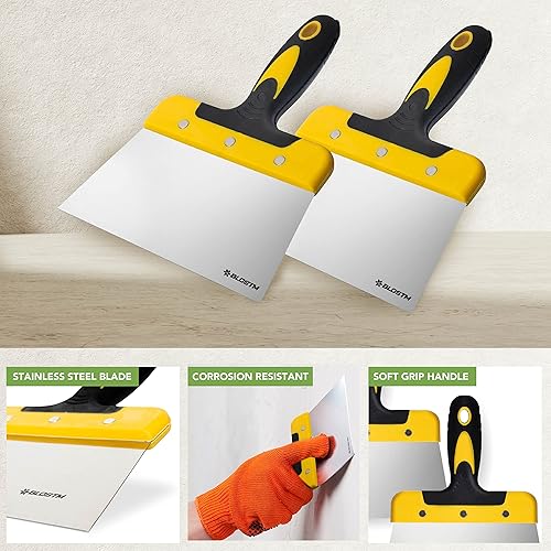 BLOSTM 17,8 cm raschietto strumento confezione da 2 – carta da parati raschietto per stucco con lama flessibile in acciaio per molle larga 175 mm, impugnatura morbida e comoda – 2 pezzi - Honorern