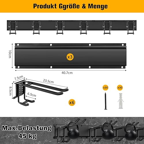 Porta Attrezzi da Giardino, Porta Sci da Parete con 6 Ganci e 3 Binari per Sci, Attrezzi, Scopa, Giardino, 120cm, Nero - Honorern