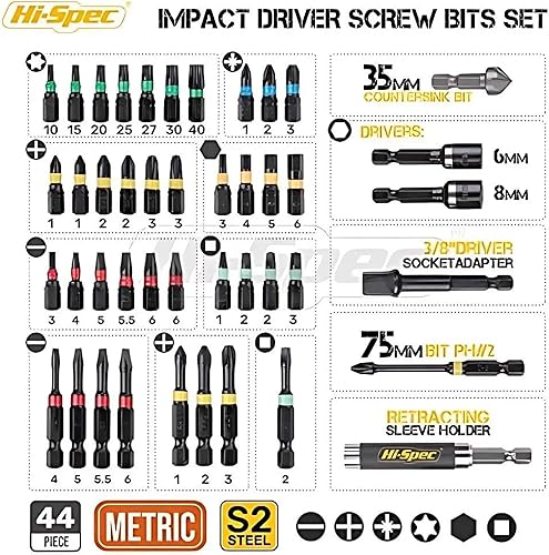 Hi-Spec Set con 43 inserti per avvitatore a percussione con attacco esagonale da 1/4 ”. Include una barra di estensione flessibile, bussole e connettore per gli inserti. Tutto in una custodia compatta - Honorern