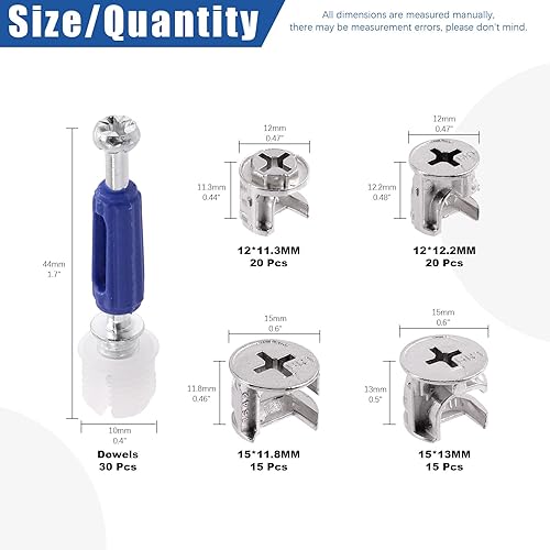 100 pezzi di 4 misure 3 in 1 per mobili con kit assortito di tasselli, 15 x 13/15 x 11,8/12 x 12,2/12 x 11,3 mm, dadi di bloccaggio a camma e viti a camma per connettori di armadi, cassetti e - Honorern