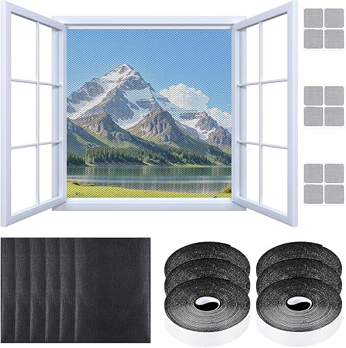 6 Pcs Zanzariera Finestra DIY, Tagliabile Senza Foratura, Zanzariera Adesiva con Toppa e Nastro Adesivo, Zanzariera Adesiva Ritagliabile 150x130cm (Nero) - Honorern